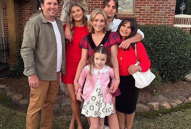 Jamie Lynn Spears, 34, (center) posted a carousel of highlights from the family's celebration captioned, 'Merry CHRISTMAS.' In addition to her nephew (second from right), she was joined by husband Jamie Watson (left), daughters Ivey, 7, (front) and Maddie, 17, (second from left) and mom Lynne, 70 (right)