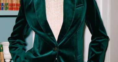 This velvet suit from Jigsaw is  sharp and sophisticated, and the deep green makes it an elegant festive choice