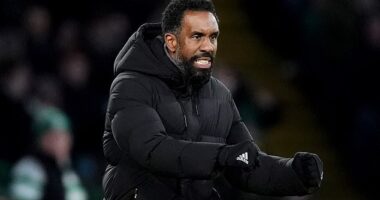 Celtic boss Wilfried Nancy celebrates their first goal in a 3-1 victory against Aberdeen