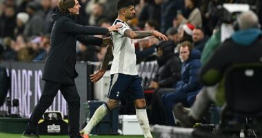 Thomas Frank (left) pushes Cristian Romero down the tunnel after he was sent off on Saturday