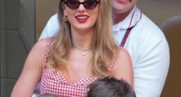 Travis Kelce raved over Taylor Swift in a love letter he sent for her to read backstage during one of the final shows of the Eras Tour; pictured at the US Open in New York last year