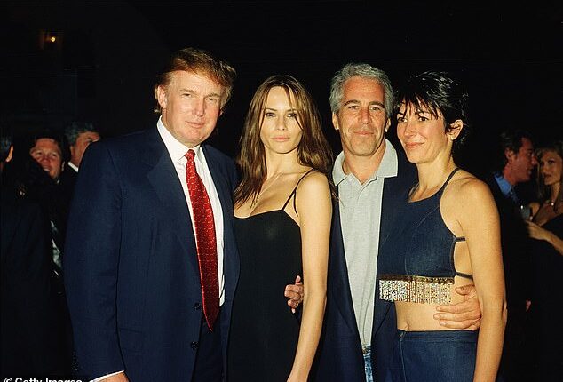 From left, American real estate developer Donald Trump and his girlfriend (and future wife), former model Melania Knauss, financier (and future convicted sex offender) Jeffrey Epstein, and British socialite Ghislaine Maxwell pose together at the Mar-a-Lago club, Palm Beach, Florida, February 12, 2000