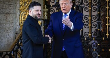 Donald Trump has greeted Ukrainian President Volodymyr Zelensky at the entrance to his Mar-a-Lago estate ahead of a highly-anticipated meeting between the two