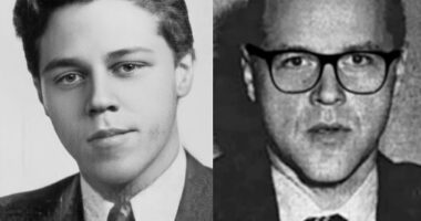 Marvin Margolis in a high school yearbook photo (left) and a later photo obtained and enhanced by Baber. His solution to the Z13 cipher reveals the name Marvin Merrill, an alias used by Marvin Margolis, a man who was a prime suspect in the Black Dahlia murder