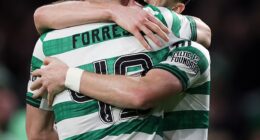 Kieran Tierney celebrates his crucial goal against Aberdeen with team-mate James Forrest