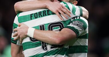 Kieran Tierney celebrates his crucial goal against Aberdeen with team-mate James Forrest