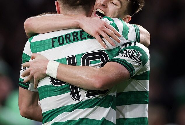 Kieran Tierney celebrates his crucial goal against Aberdeen with team-mate James Forrest