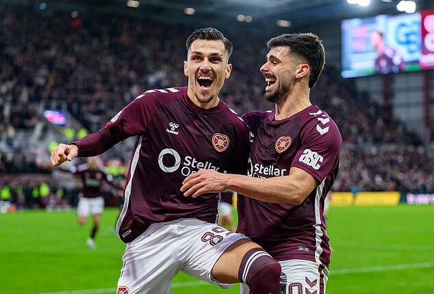 Alexandros Kyziridis (left) and Claudio Braga celebrate Hearts' opening goal against Rangers