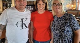 Rachel Reeves (centre) has been banned from her local pub the Marsh Inn by landlord Martin Knowles (left)