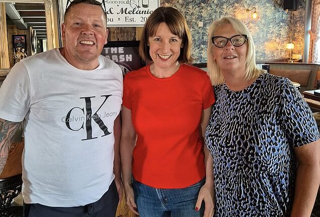 Rachel Reeves (centre) has been banned from her local pub the Marsh Inn by landlord Martin Knowles (left)