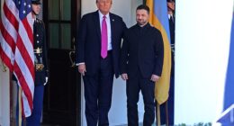 President Donald Trump welcomes Ukraine's President Volodymyr Zelensky as he arrives for a meeting at the White House in Washington, DC, on October 17, 2025