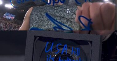 Pictured: The moment Ben Shelton wrote 'USA till its backwards' on a TV camera after winning his latest match at the Australian Open