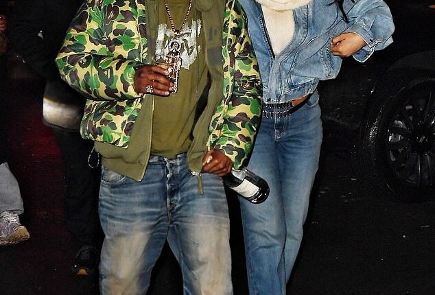 A$AP Rocky carried a glass and a £45 Casamigos Blanco tequila bottle as he departed a date night with Rihanna in New York City on Sunday night