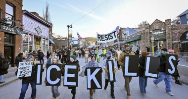 One of many protests against Immigration and Customs Enforcement, this one during the Sundance Film Festival in Park City, Utah, on Monday, on the heels of Alex Pretti's death on Saturday. New polling shows dire numbers for ICE and the immigration agenda in its aftermath