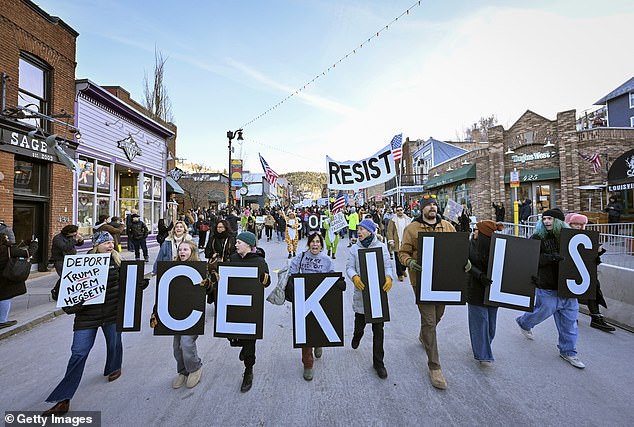 One of many protests against Immigration and Customs Enforcement, this one during the Sundance Film Festival in Park City, Utah, on Monday, on the heels of Alex Pretti's death on Saturday. New polling shows dire numbers for ICE and the immigration agenda in its aftermath