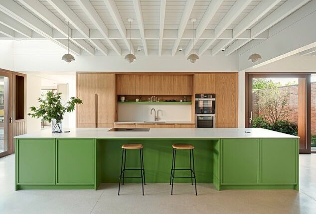 This Henley-on-Thames design project by sustainable kitchens.co.uk features recycled birch plywood and oak veneer cabinetry. Nkuku.com has a big range of bar stools. For a similar shade of climate-conscious paint, try Park Life, £30 for 1 litre, coatpaints.com.
