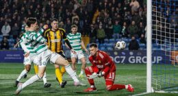 Johnny Kenny scores Celtic's opening goal in their victory against Auchinleck at Rugby Park