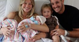 NRL premiership star Nat Butcher and his wife Harmony welcomed twin daughters on Saturday, January 24. Pictured with their newborn girls and their son Beau, one