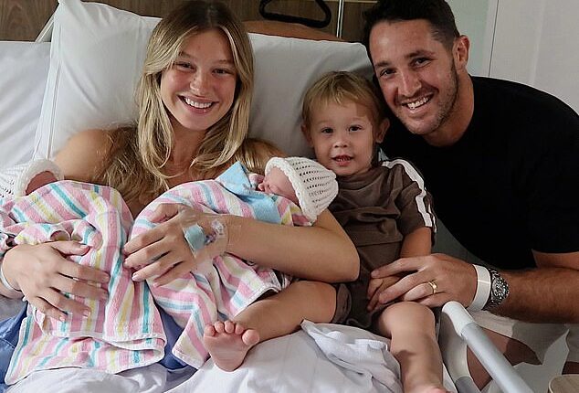 NRL premiership star Nat Butcher and his wife Harmony welcomed twin daughters on Saturday, January 24. Pictured with their newborn girls and their son Beau, one