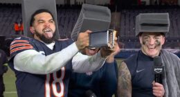 DJ Moore (center) and Colston Loveland (right) laugh as Caleb Williams (left) grates cheese