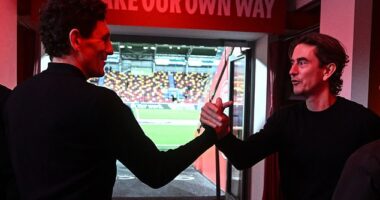 Thomas Frank greets his former assistant Keith Andrews ahead of Brentford's clash with Spurs