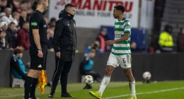 Auston Trusty of Celtic leaves the pitch after getting red carded in the 77th minute
