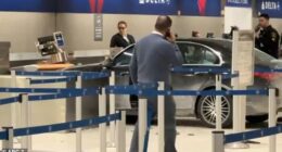 Pictured: Airport officials surround the car that crashed into the McNamara Terminal of the Detroit Metro Airport on Friday evening