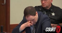 Brendan Banfield, 40, was seen breaking down in tears in court on Wednesday as body camera footage played showing the moment he was told his wife was dead