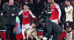 Conor Bradley left the Emirates on crutches and in a knee brace as Arne Slot admitted he fears the worst for his injury