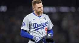 Los Angeles Dodgers first baseman Freddie Freeman during the 2025 World Series, amid news he lost $2 million selling his California home due to Measure ULA taxes.