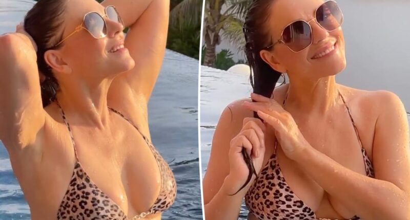 Elizabeth Hurley, 60, models teeny cheetah-print bikini from her own swimwear line