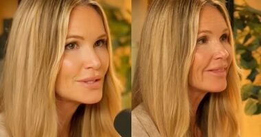 Elle Macpherson has been busted heavily editing her pictures. The Aussie supermodel, 61, shared a very airbrushed image of herself to her stories as she promoted an appearance on the Dr Pompa Podcast, left. She is seen in a video promoting the sit-down, right