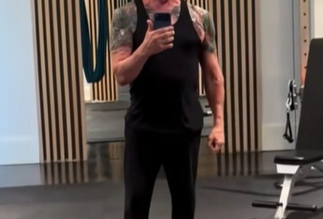 Sylvester Stallone showcased his tattooed biceps in rare footage of himself inside the gym of his $35.3 million Palm Beach, FL mansion on Sunday