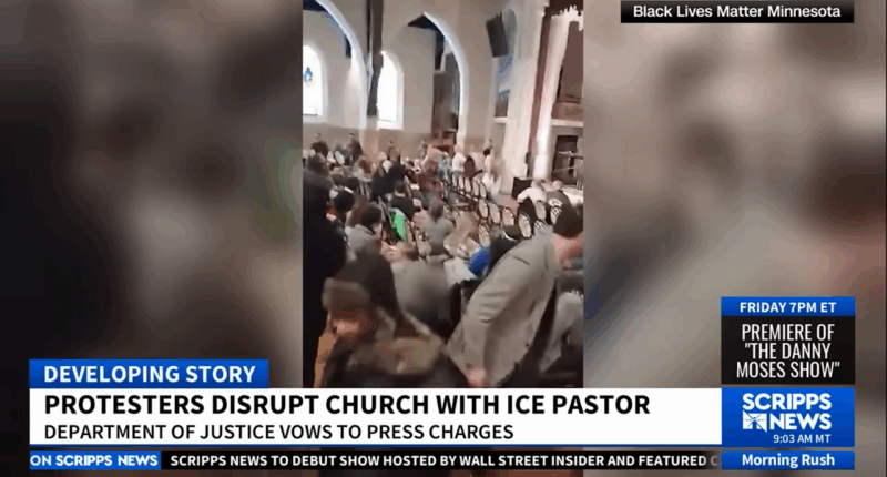 Left-wing activists storming a church.