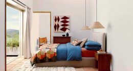 Contrary to popular belief, bold colours and patterns in the bedroom won’t disrupt sleep. The key is placement: keep vibrant tones behind or on the bed and leave walls calm and neutral. King-size linen duvet cover, £115, fitted linen sheet, £140, and cotton bedspread, £180, johnlewis.com.