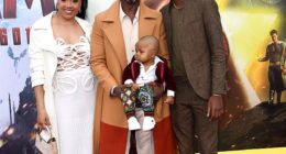 Djimon Hounsou's ex Riza Simpson (L) was arrested last week after the 61-year-old Gladiator star alleged to police that she struck him in the face with a closed fist at their Atlanta townhouse in December, according to documents obtained by TMZ; Simpson and Hounsou are pictured with family in March 2023 in LA