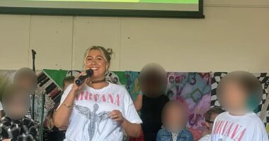 Pictured: Naomi Tekea Craig, 33, doing a performance with primary school children in 2024