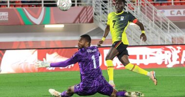 Uganda striker Rogers Mato scores for his nation against Nigeria in the Africa Cup of Nations