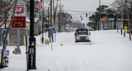 Winter Storm Fern hit parts of the South, Midwest, and Great Plains on Saturday afternoon. Pictured above is an empty street covered in snow in Little Rock, Arkansas