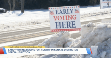 An early voting sign in the snow on election day.