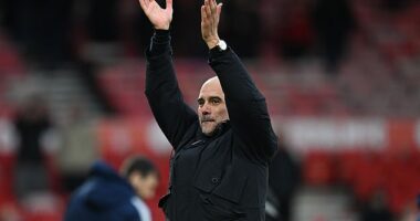 Pep Guardiola says thank you to the Manchester City supporters after their win at Nottingham Forest in December