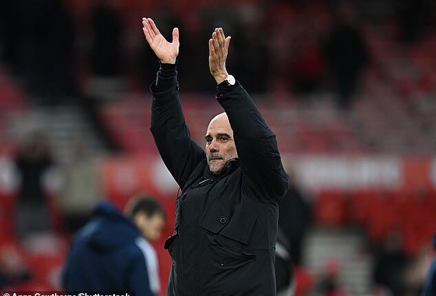 Pep Guardiola says thank you to the Manchester City supporters after their win at Nottingham Forest in December