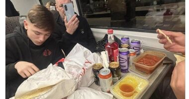 'How can they be so inconsiderate?!': Sunderland football fans bring a full takeaway curry on four-hour train from London - leaving other passengers facing a smelly journey home