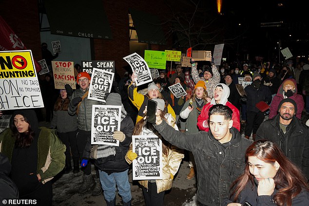 Anti-ICE crowds formed downtown at the Canopy by Hilton hotel in Minneapolis on the third night of chaos in the city, following the death of Renee Nicole Good