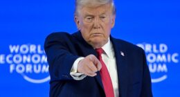 President Donald Trump gestures after his special address during the 56th annual meeting of the World Economic Forum
