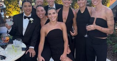 Sam Kerr and her Matildas team-mates beamed with delight as they celebrated their captain's wedding (Pictured back R-L: Alanna Kennedy, Caitlin Foord, Katie McCabe, Emily Van Egmond. Pictured front L-R: Steph Catley, Mackenzie Arnold, Sam Kerr)