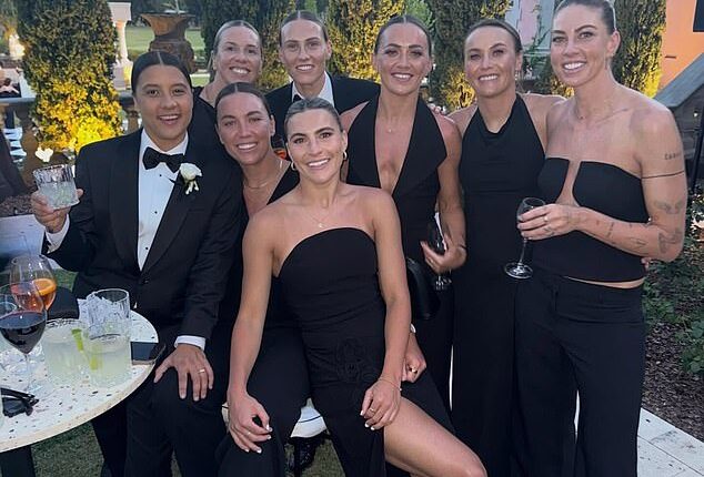 Sam Kerr and her Matildas team-mates beamed with delight as they celebrated their captain's wedding (Pictured back R-L: Alanna Kennedy, Caitlin Foord, Katie McCabe, Emily Van Egmond. Pictured front L-R: Steph Catley, Mackenzie Arnold, Sam Kerr)