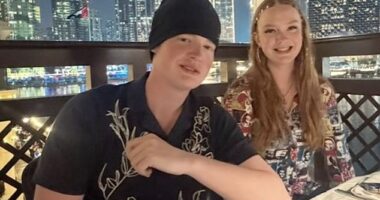 Jake Wood's son Buster, 18, looked the spitting image of his famous father in an Instagram snap on Saturday (Buster pictured with his sister Amber)