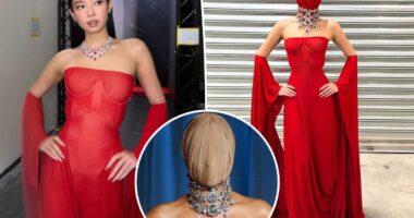 Jennie of Blackpink wears red version of Kim Kardashian's masked Margiela gown