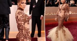 Jennifer Lopez serves serious curves in sheer mermaid gown on Golden Globes 2026 red carpet